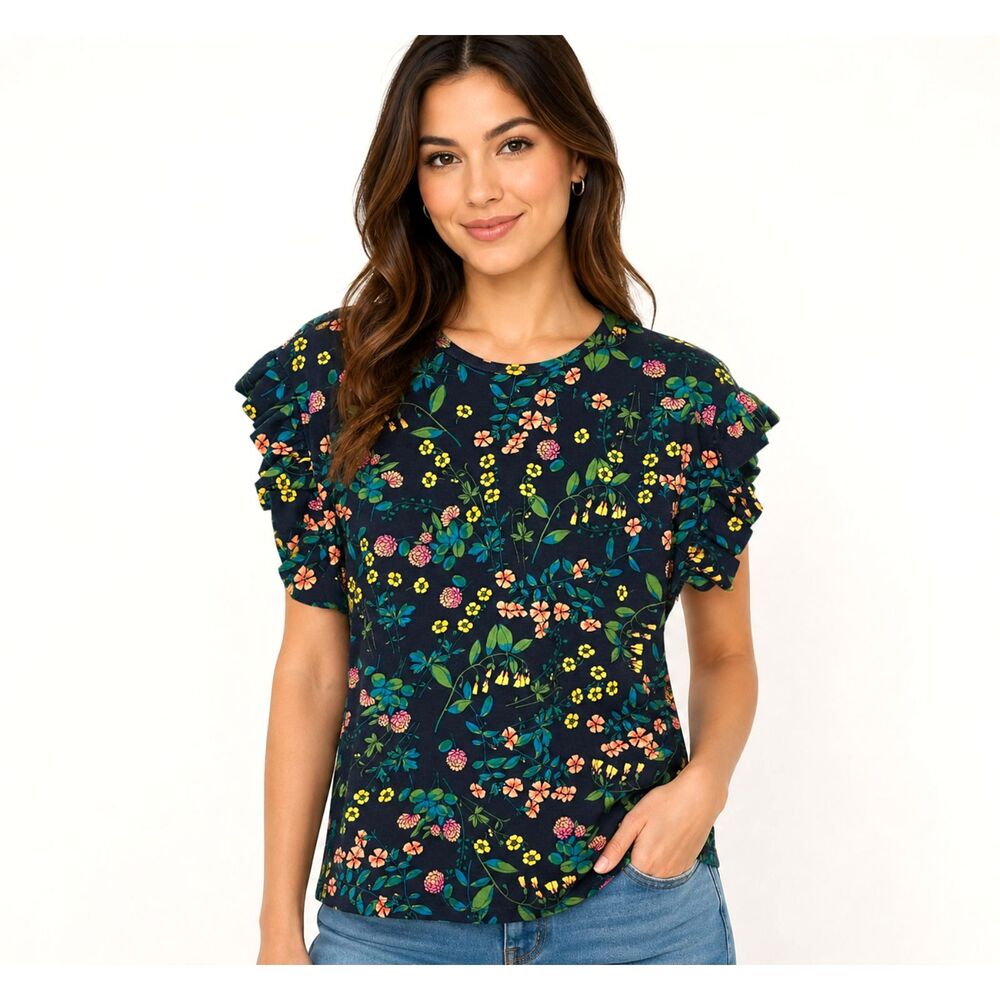Nautica Jeans Floral Ruffle Sleeve Top Navy Cotton Modal Women Large